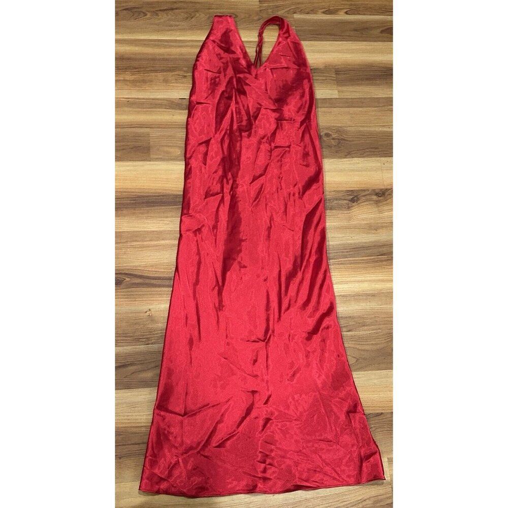 Frederick's Of Hollywood Red Slip Dress Gown Medium V Neck Cross Back Open Slit
